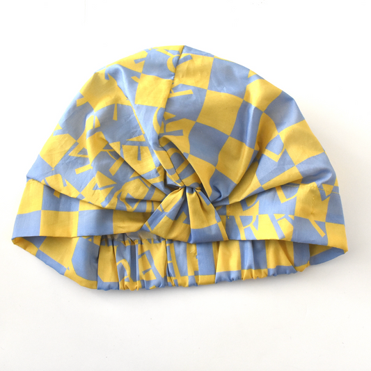 Salty Sea Knot - Swimming Cap Topper - Swim Turban in Yellow Liberty Letters print