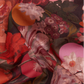 A close-up of Liberty Fabrics cotton fabric with a dense floral print in red, pink, orange, and green tones, with a dark background. A text overlay at the bottom reads 'Liberty Fabrics Myrtle and Mary C Tana Lawn Cotton 