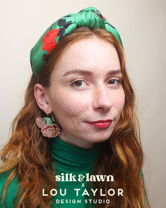 Luxury Silk Knot Alice band - Lou Taylor Botanical Green and Red Roses in Silk twill