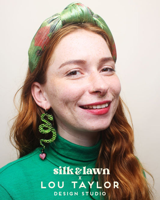 The Croissant Knot Alice band - in Lou Taylor Botanical Green Roses on gold Lamé