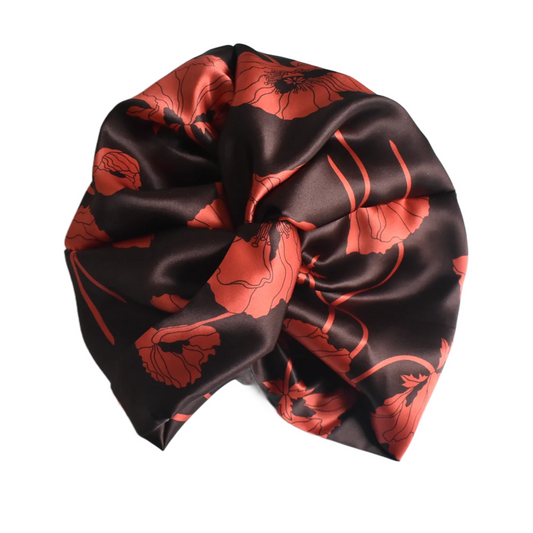 Little Susan Twisted Silk Turban & Head wrap - Liberty of London floral print on Red on Brown Silk Satin - Silk & Lawn