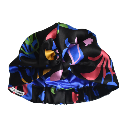 Luxury Silk Turban & Head wrap - Liberty bold print on black Silk Satin - Silk & Lawn