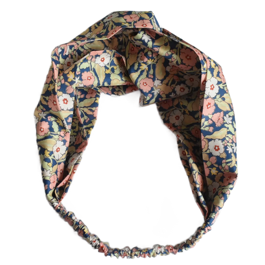 Ladies Twisted Turban Headband - Primrose Path in blue & pink - classic floral print - Silk & Lawn