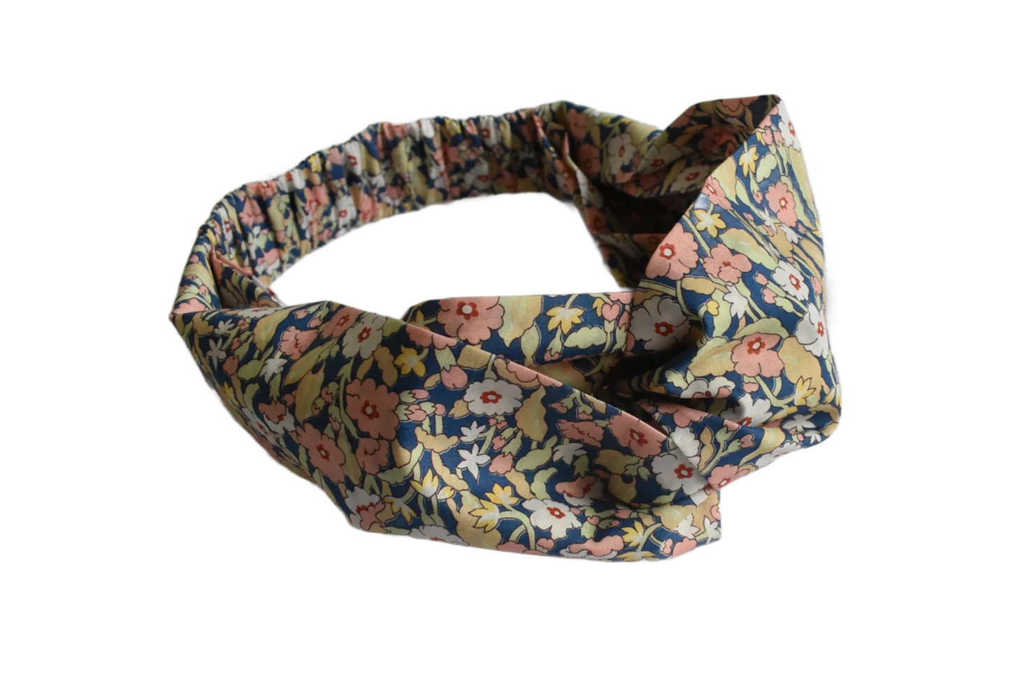 Ladies Twisted Turban Headband - Primrose Path in blue & pink - classic floral print - Silk & Lawn