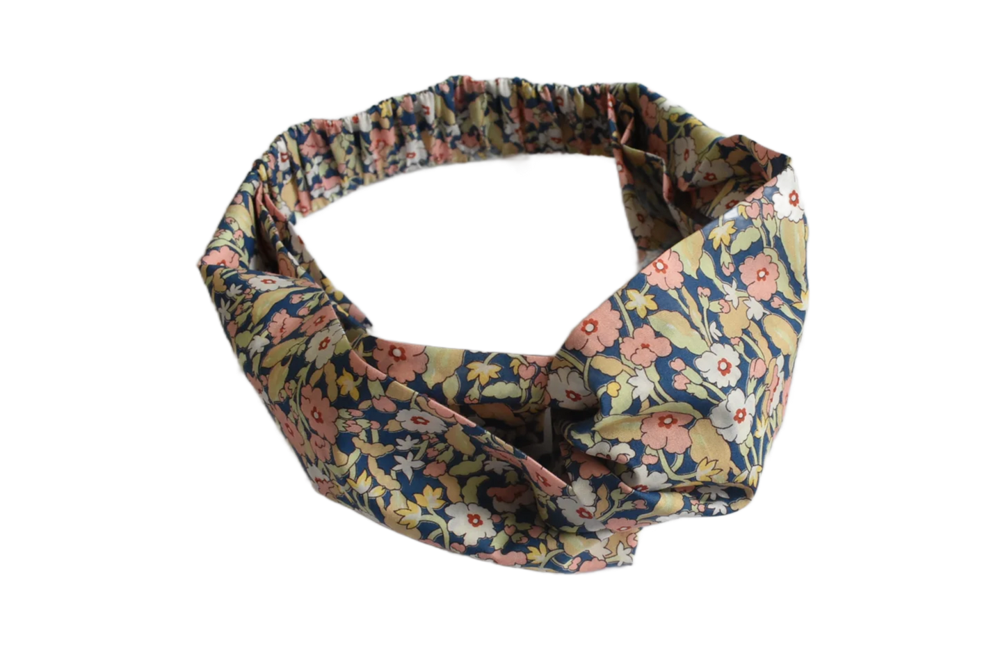 Ladies Twisted Turban Headband - Primrose Path in blue & pink - classic floral print - Silk & Lawn