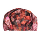 Back view of A
a floral-patterned swim cap with a gathered elastic bottom, featuring a print of red, pink, and orange flowers on a dark background, shown against a plain white background by hair accessory brand silk and lawn