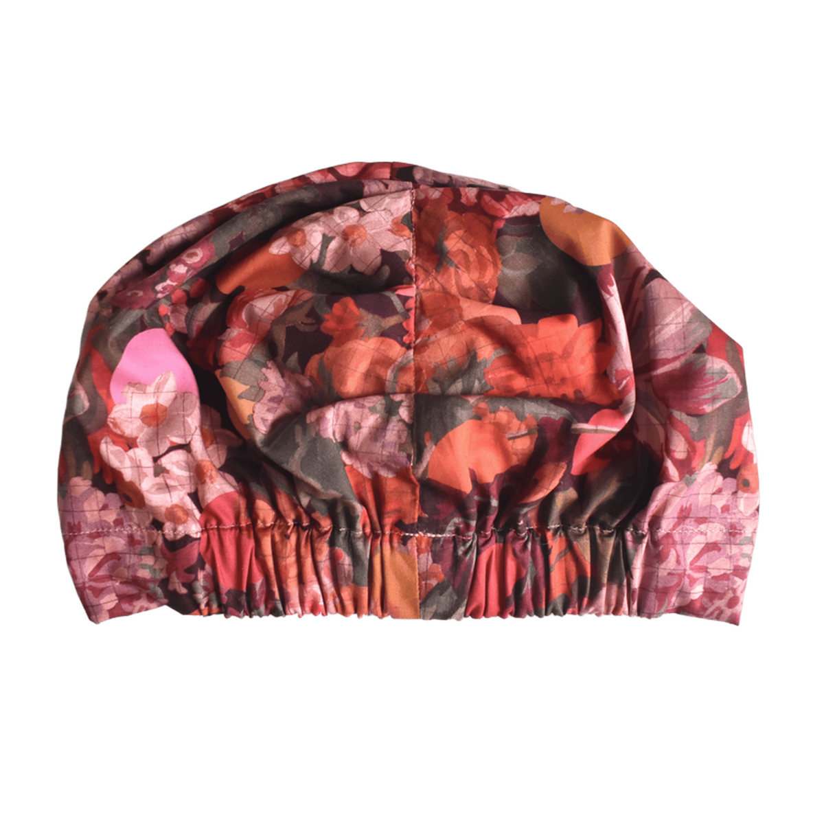 Back view of A
a floral-patterned swim cap with a gathered elastic bottom, featuring a print of red, pink, and orange flowers on a dark background, shown against a plain white background by hair accessory brand silk and lawn