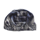 back side of a knotted fabric headwrap or turban-style hair accessory in Vintage Liberty Hera Feather in Lapis blue   - Varuna Wool / peacock feather blue, gray, and white pattern, shown on a plain white background.