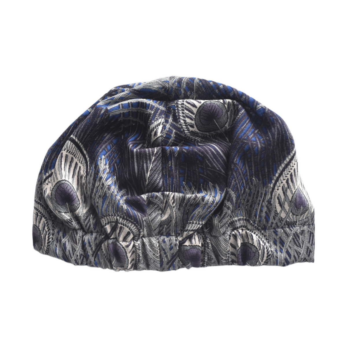 back side of a knotted fabric headwrap or turban-style hair accessory in Vintage Liberty Hera Feather in Lapis blue   - Varuna Wool / peacock feather blue, gray, and white pattern, shown on a plain white background.