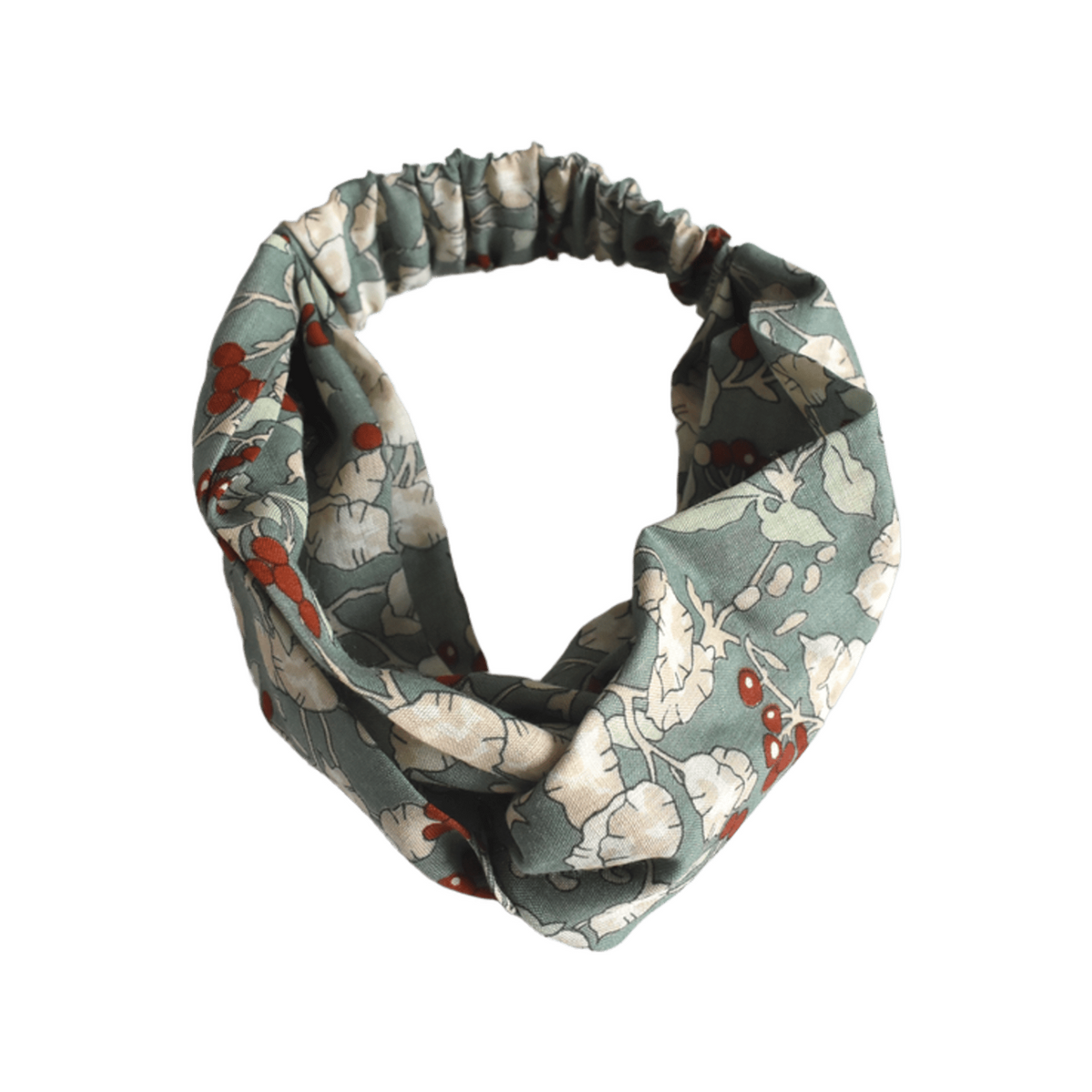 A fabric headband with a gathered elastic back, featuring a vintage-style floral pattern in muted sage green, cream, and terracotta red, shown against a plain white background.