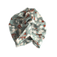 A wool Liberty  fabric headwrap or turban in a muted sage green color, featuring a white floral and red berry pattern, Vintage Liberty Winter Berries in Aqua Blue   - Varuna Wool 