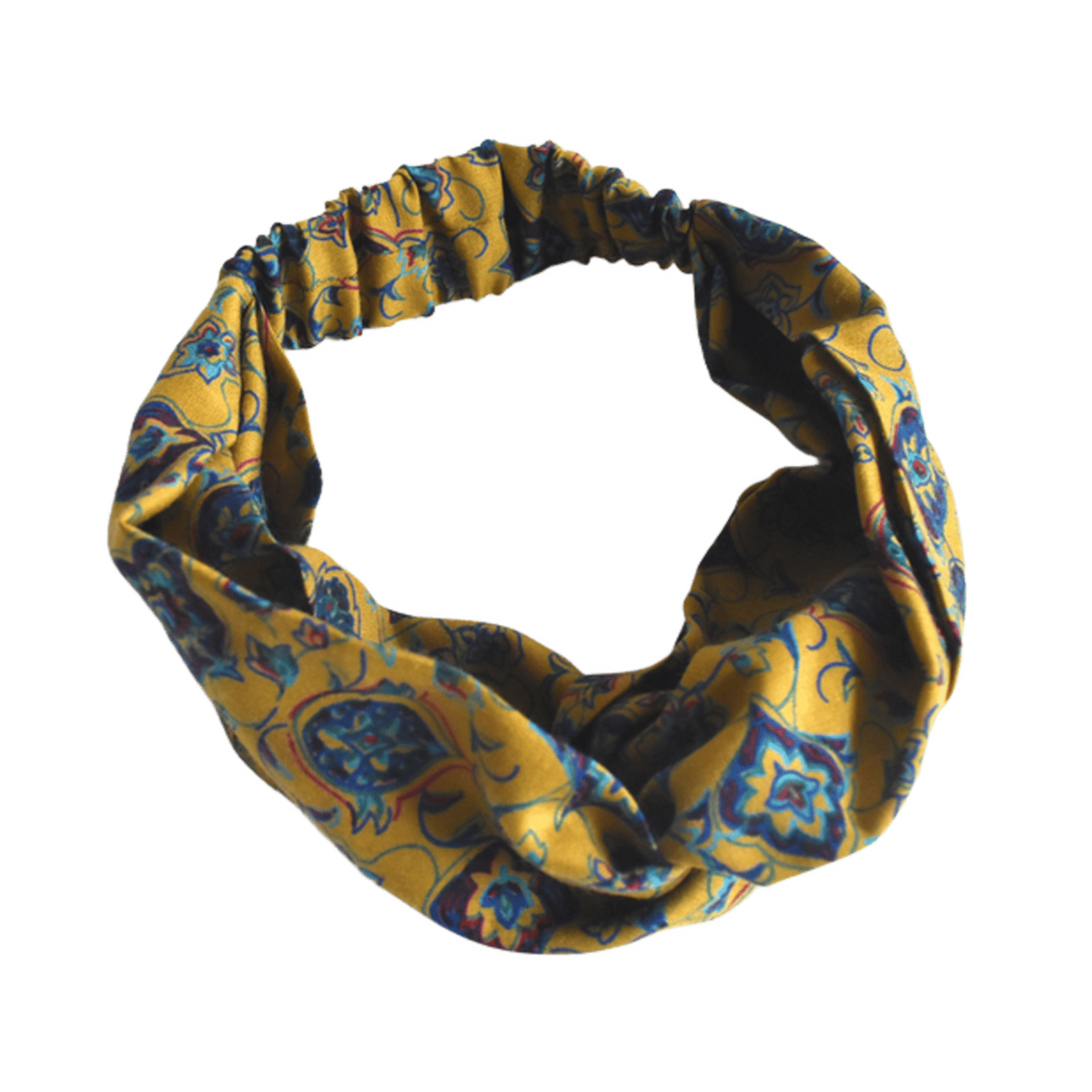 A knotted fabric headband with a yellow, blue, and black ornamental pattern, shown on a plain white background.