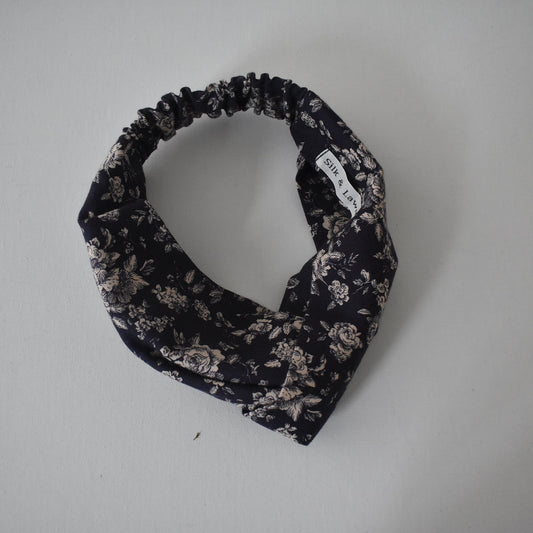 Classic Blue Floral Twisted Turban hairband and neck scarf in Liberty Lantana (wool + cotton blend)