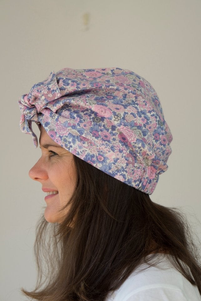 Ladies Turban Hat - Pink and Blue Winter Rose Floral Liberty of London - Tot Knots of Brighton