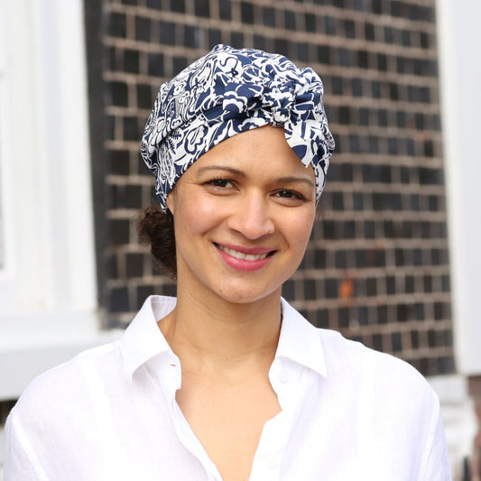 Ladies Turban Hat - Liberty of London Navy and White Gatsby Monochrome print