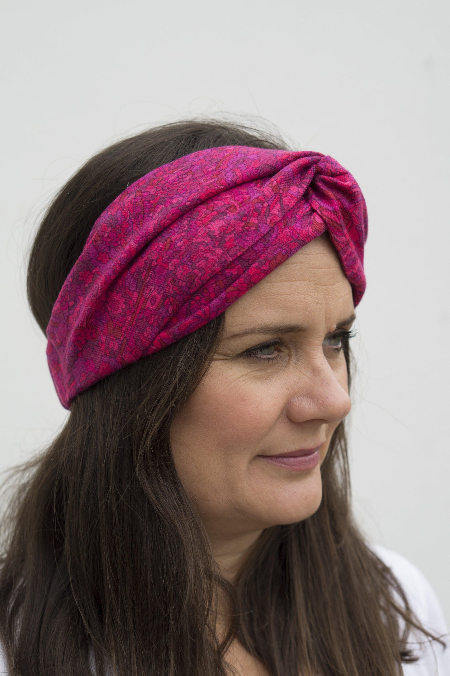 Bright Pink Graphic Twisted Turban hairband and neck scarf in Liberty of London - Silk & Lawn