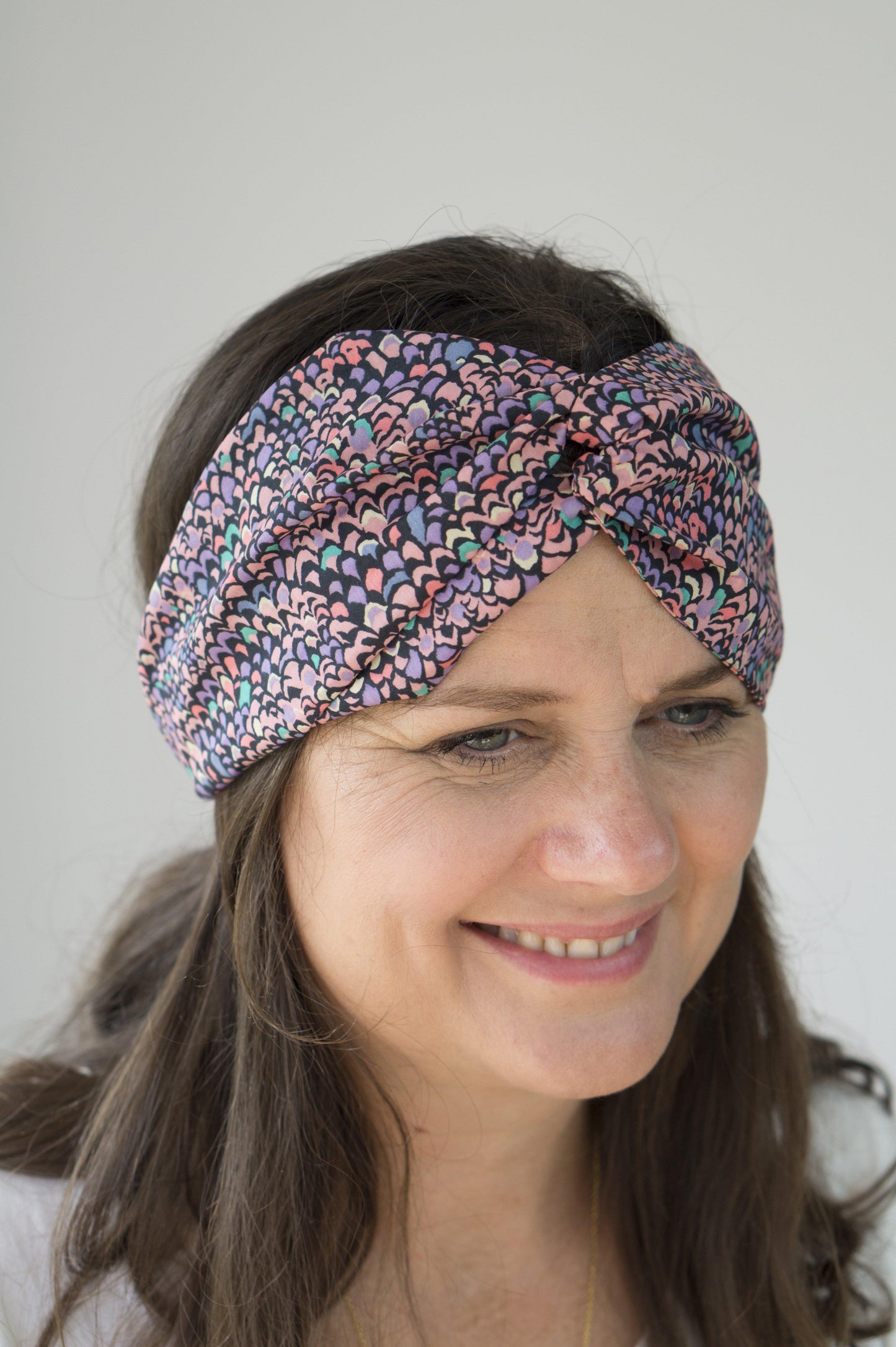 Twisted Turban hairband in Purple Adriatic Feather print in Lantana Liberty of London fabric