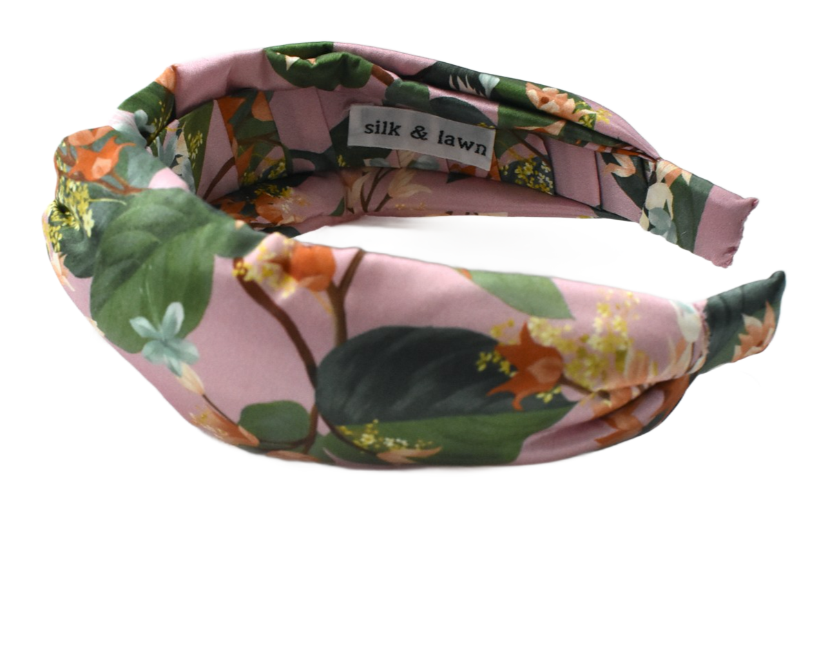Luxury Silk Twisted Alice band - Pink Floral Osterley Liberty Artist print on Silk-Satin