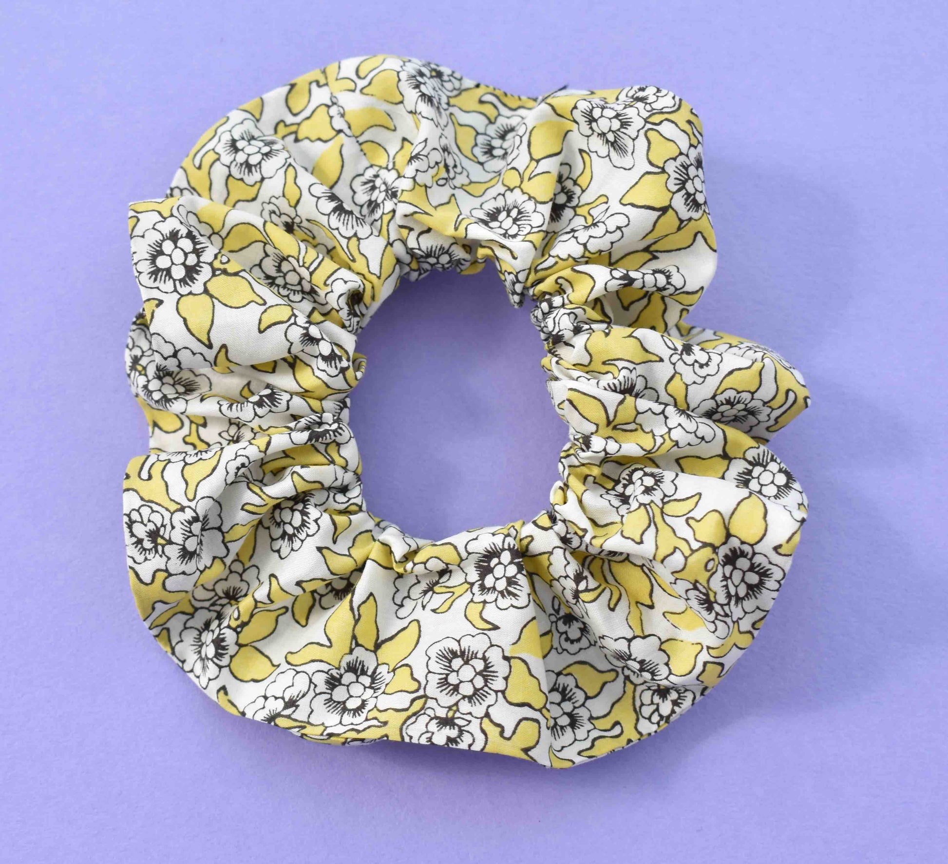 Yellow, White and Black Floral Liberty of London print Scrunchie - Tot Knots of Brighton