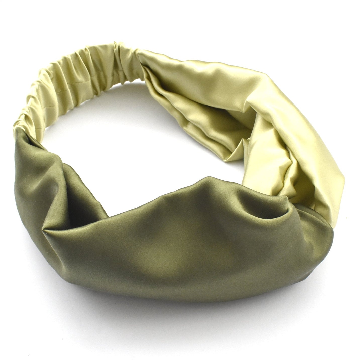 Two tone Moss and Lime Green Split Twisted Turban hairband and neck scarf in Mulberry Silk - 100% pure silk satin