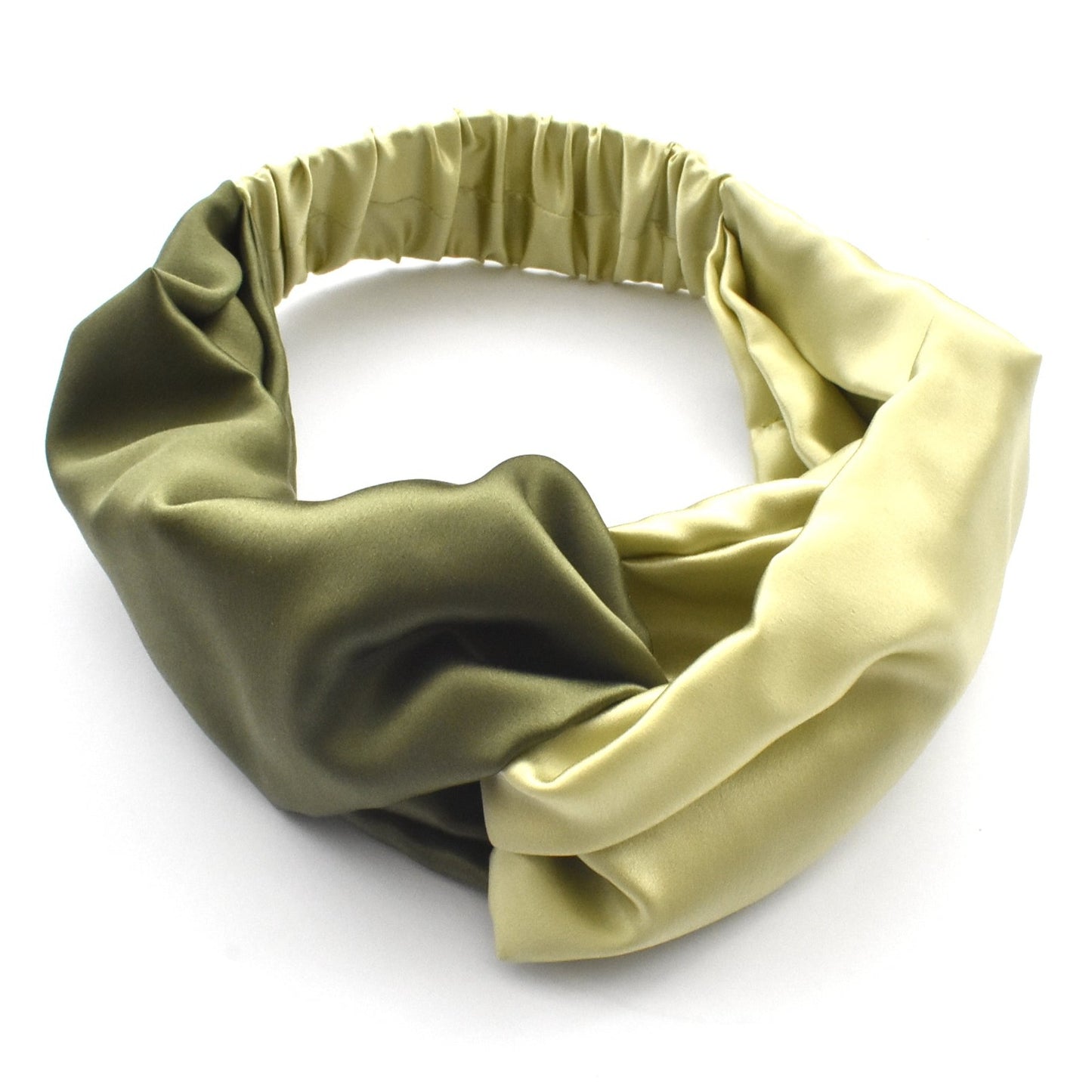 Two tone Moss and Lime Green Split Twisted Turban hairband and neck scarf in Mulberry Silk - 100% pure silk satin