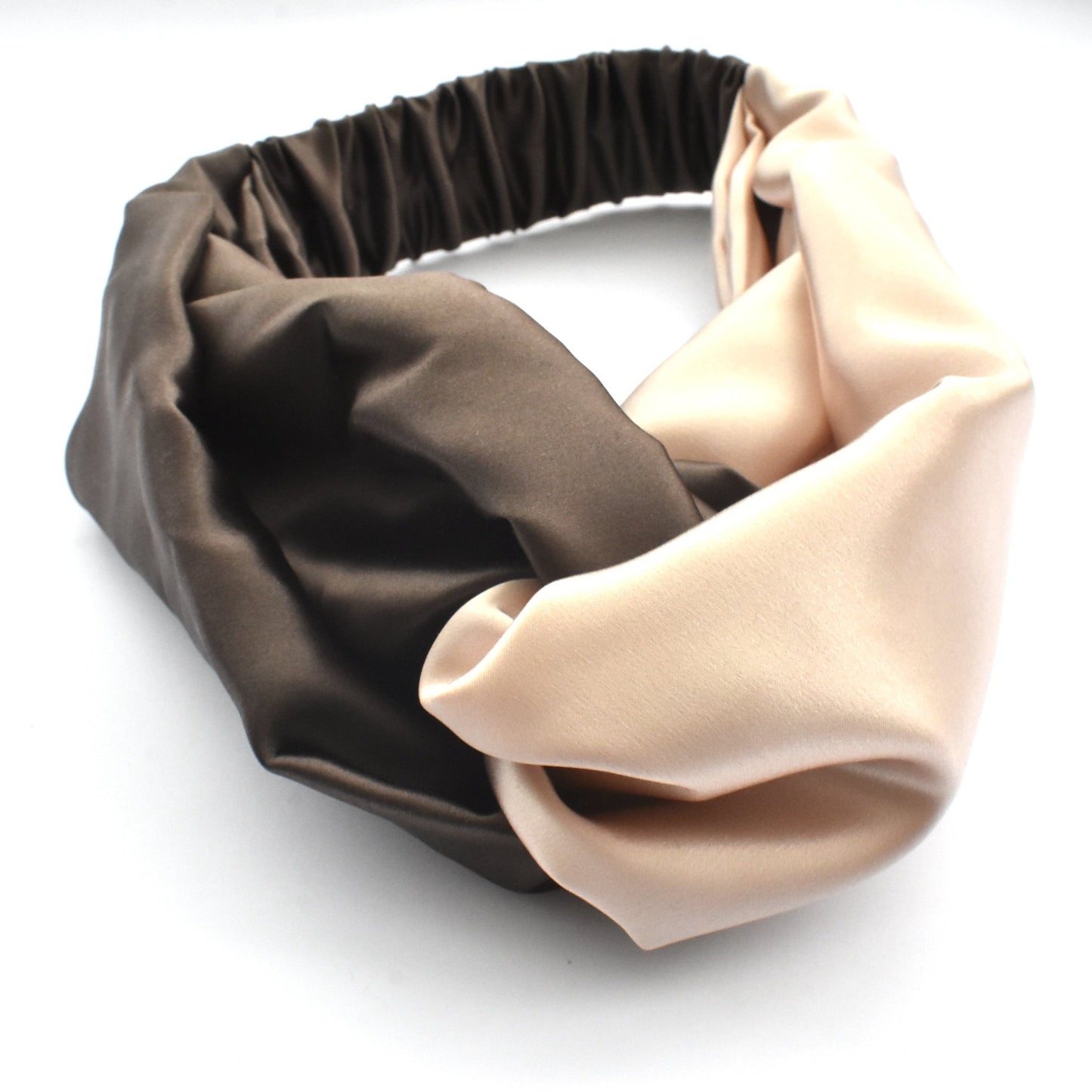 Neutral Blush Pink and Brown Split Twisted Turban hairband and neck scarf in Mulberry Silk - 100% pure silk satin