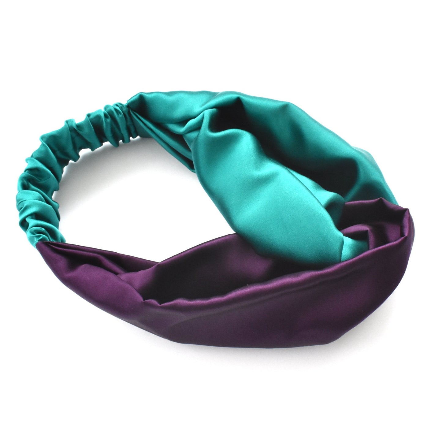 Aubergine & Turquoise Split Twisted Turban hairband and neck scarf in Mulberry Silk - 100% pure silk satin