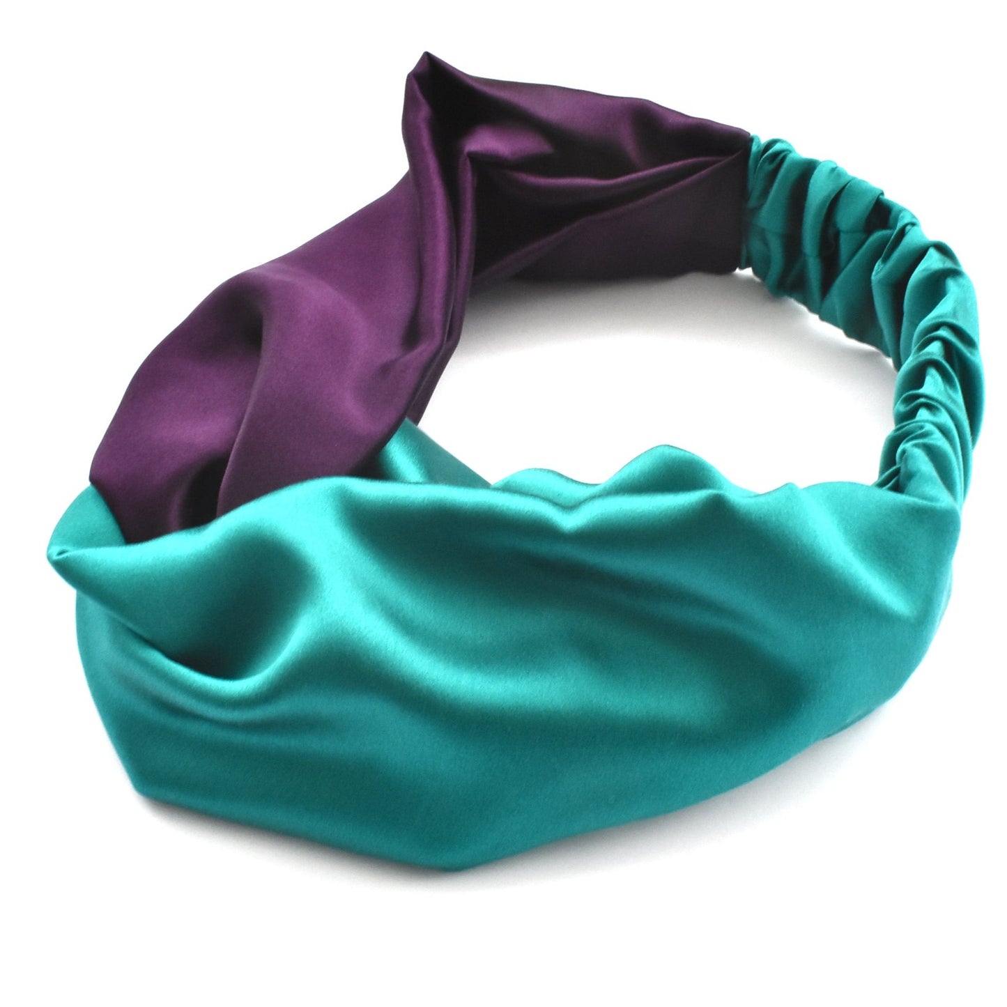 Aubergine & Turquoise Split Twisted Turban hairband and neck scarf in Mulberry Silk - 100% pure silk satin