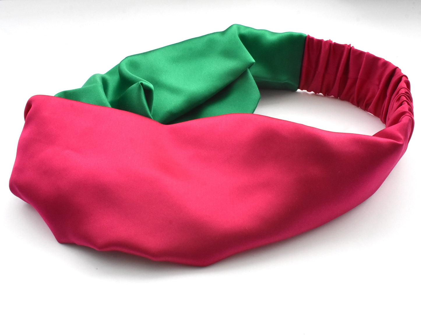 Green and Fuchsia Pink Split Twisted Turban hairband and neck scarf in Mulberry Silk - 100% pure silk satin