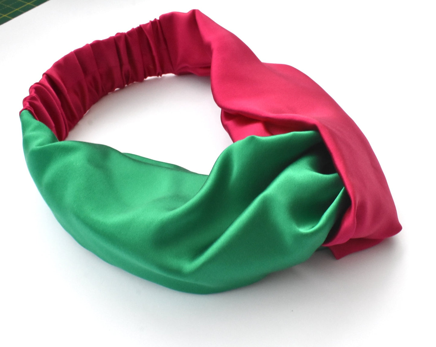Green and Fuchsia Pink Split Twisted Turban hairband and neck scarf in Mulberry Silk - 100% pure silk satin