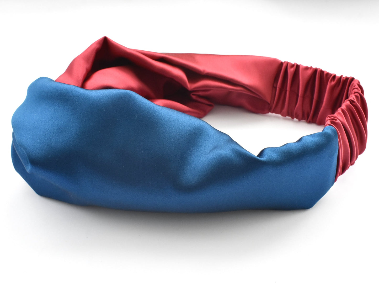 Blue & Red Split Twisted Turban hairband and neck scarf in Mulberry Silk - 100% pure silk satin