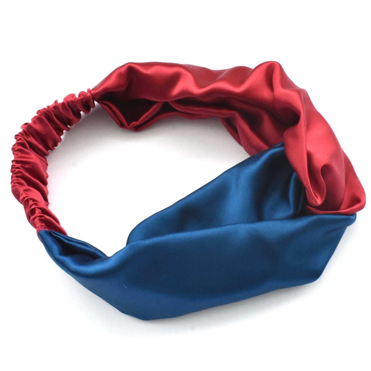 Blue & Red Split Twisted Turban hairband and neck scarf in Mulberry Silk - 100% pure silk satin