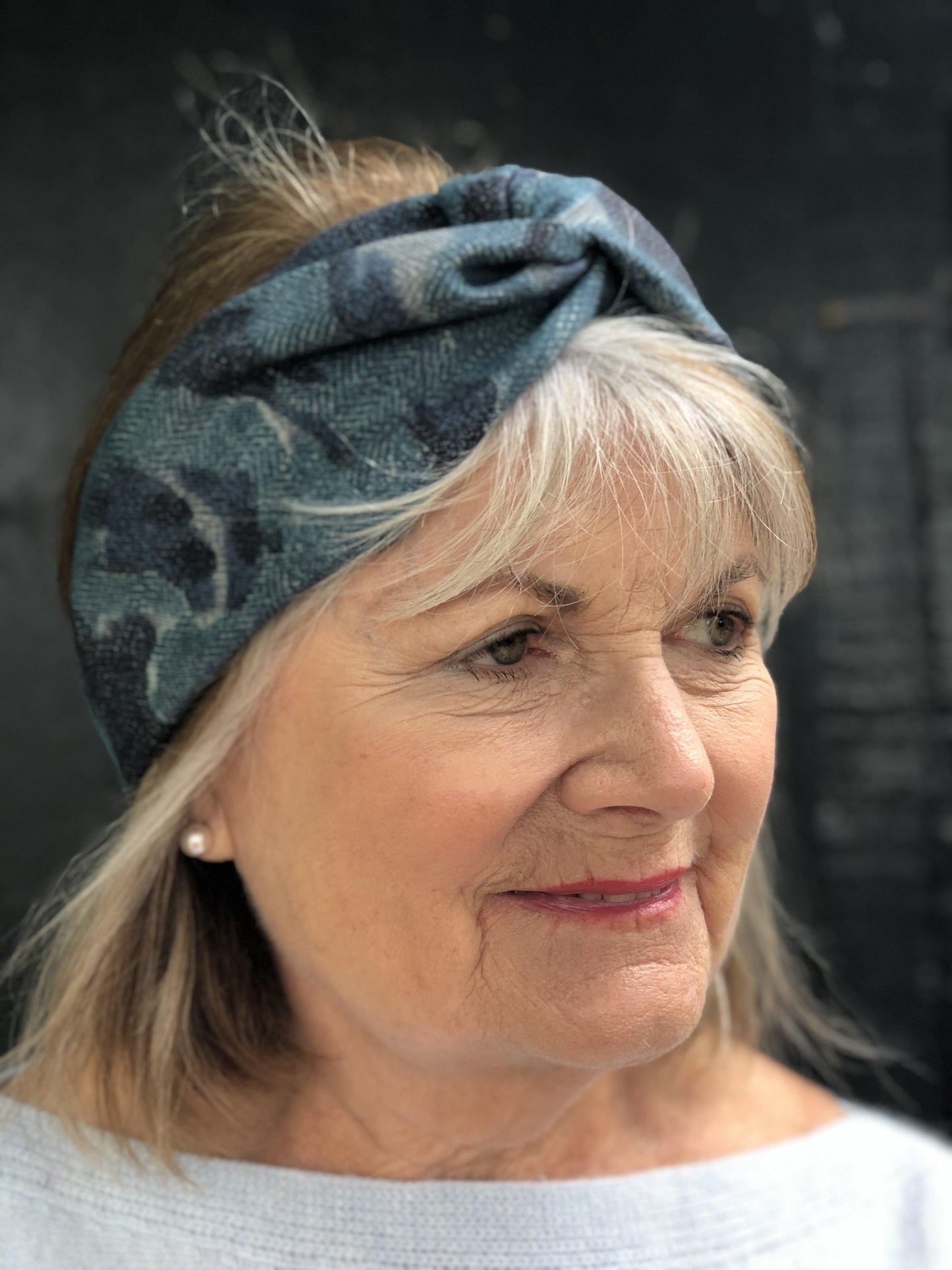 Navy and Denim Blue Sybil Campbell Twisted Turban hairband and neck scarf in Liberty of London