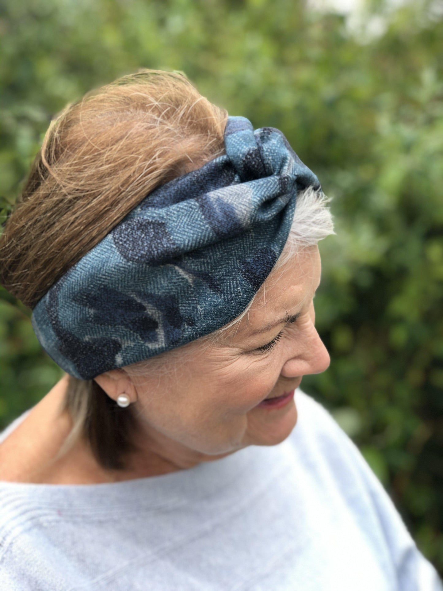 Navy and Denim Blue Sybil Campbell Twisted Turban hairband and neck scarf in Liberty of London