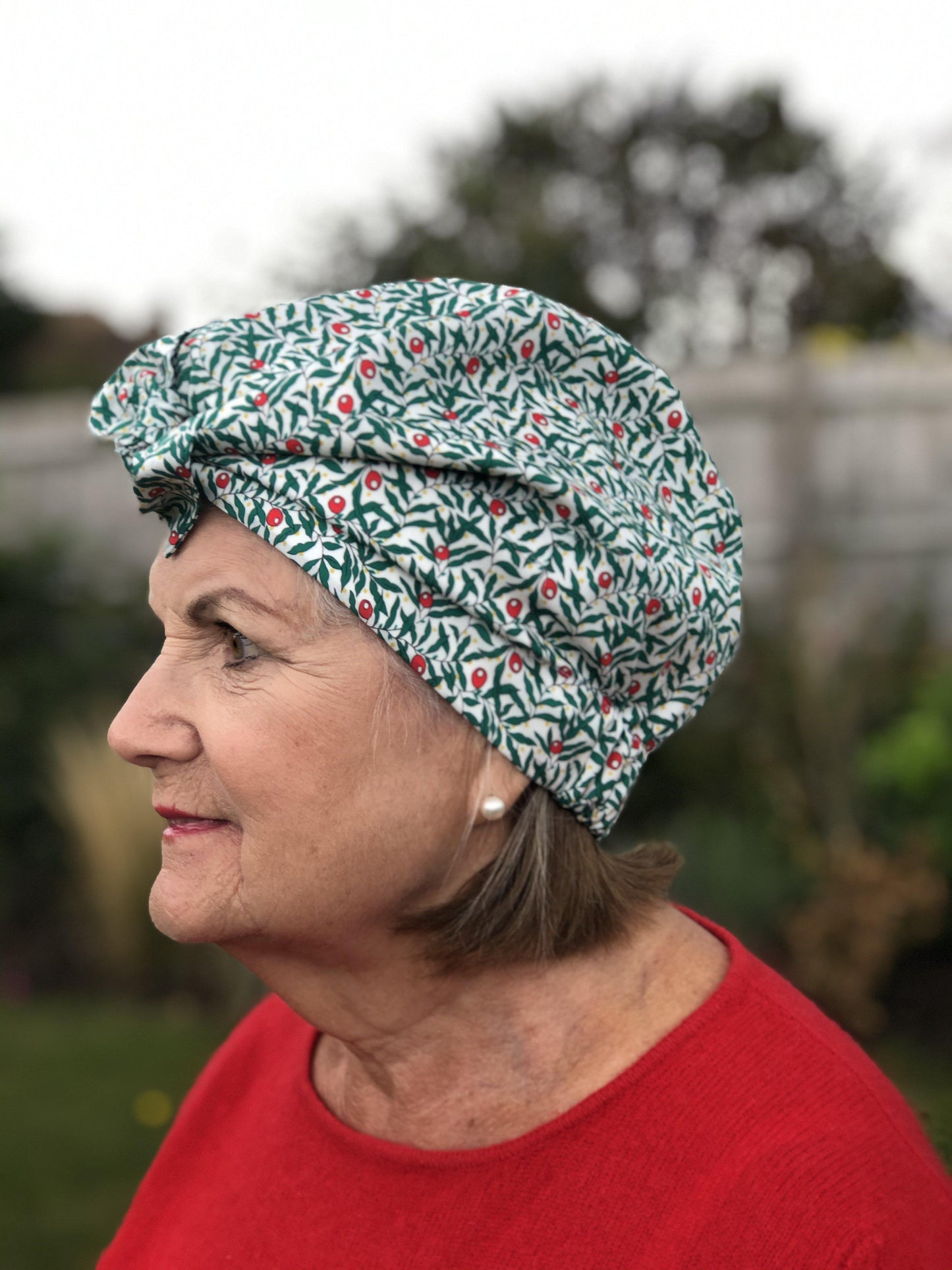 SMALL & Silk lined Turban Hat - Liberty of London Juniper Berry Red & Green floral print