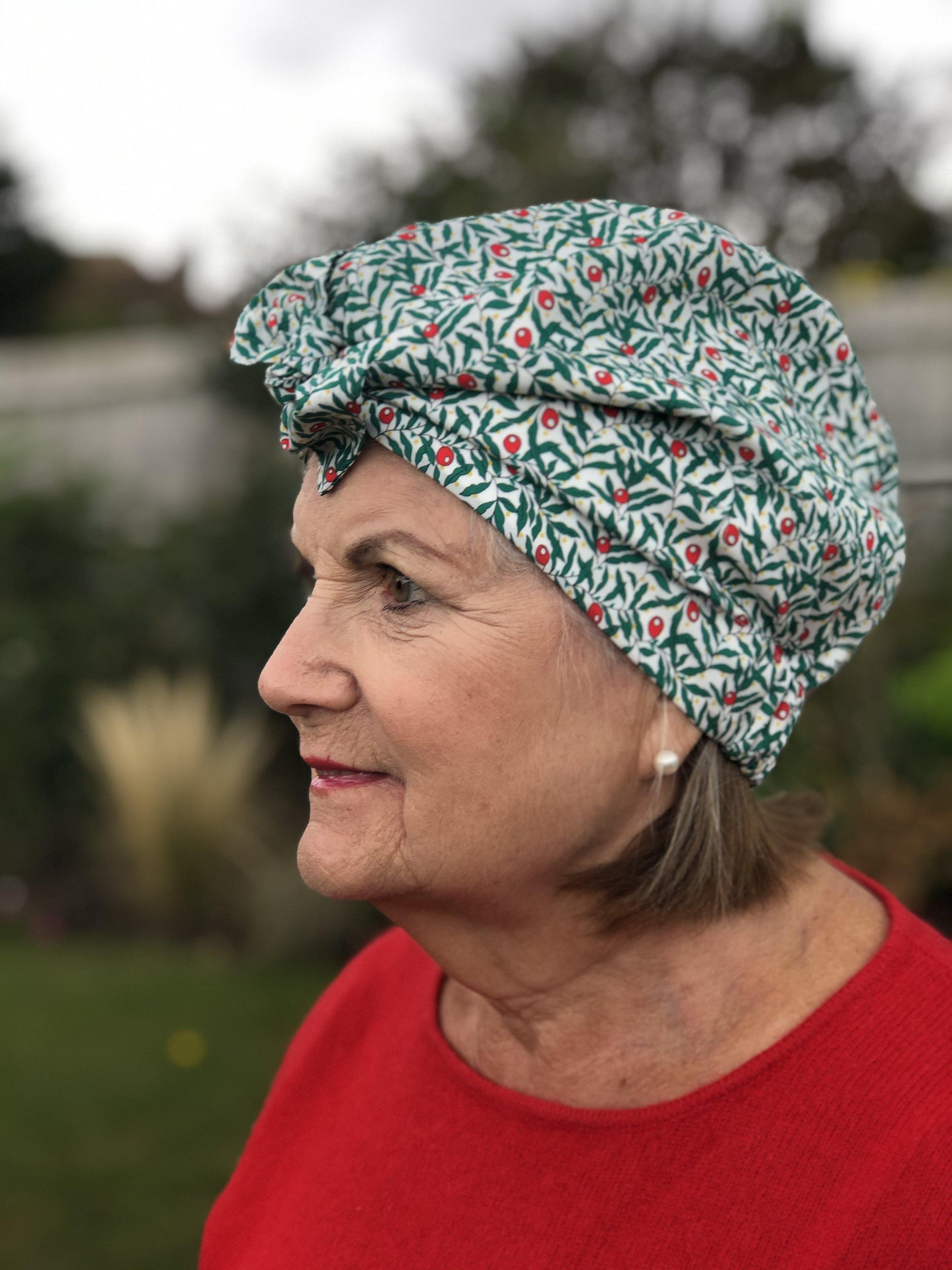 SMALL & Silk lined Turban Hat - Liberty of London Juniper Berry Red & Green floral print