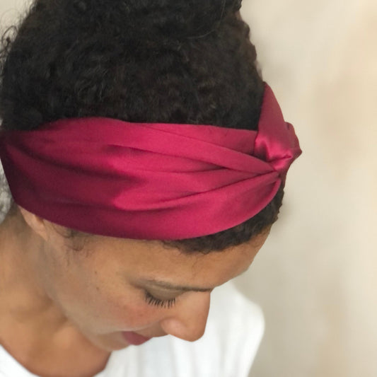 Silk Twisted Turban hairband and neck scarf in Burgundy Mulberry Silk - 100% pure silk satin