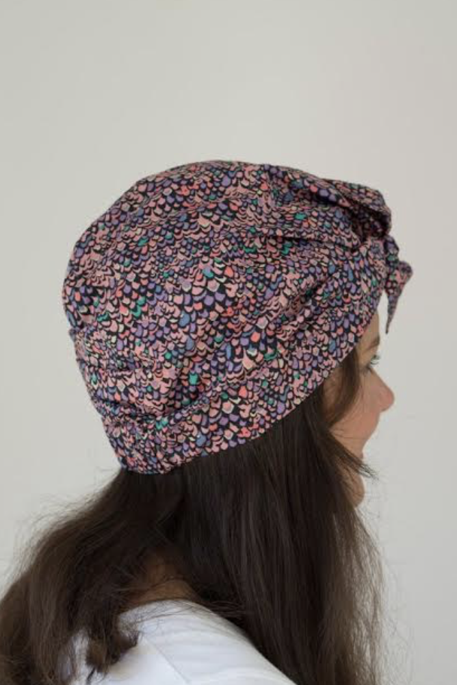 Ladies Turban Hat - Purple Feather Lantana Adriatic Liberty of London print