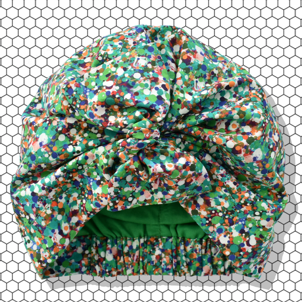 Ladies Cotton & Silk Turban Hat - Liberty of London in Green Spotty Reflections