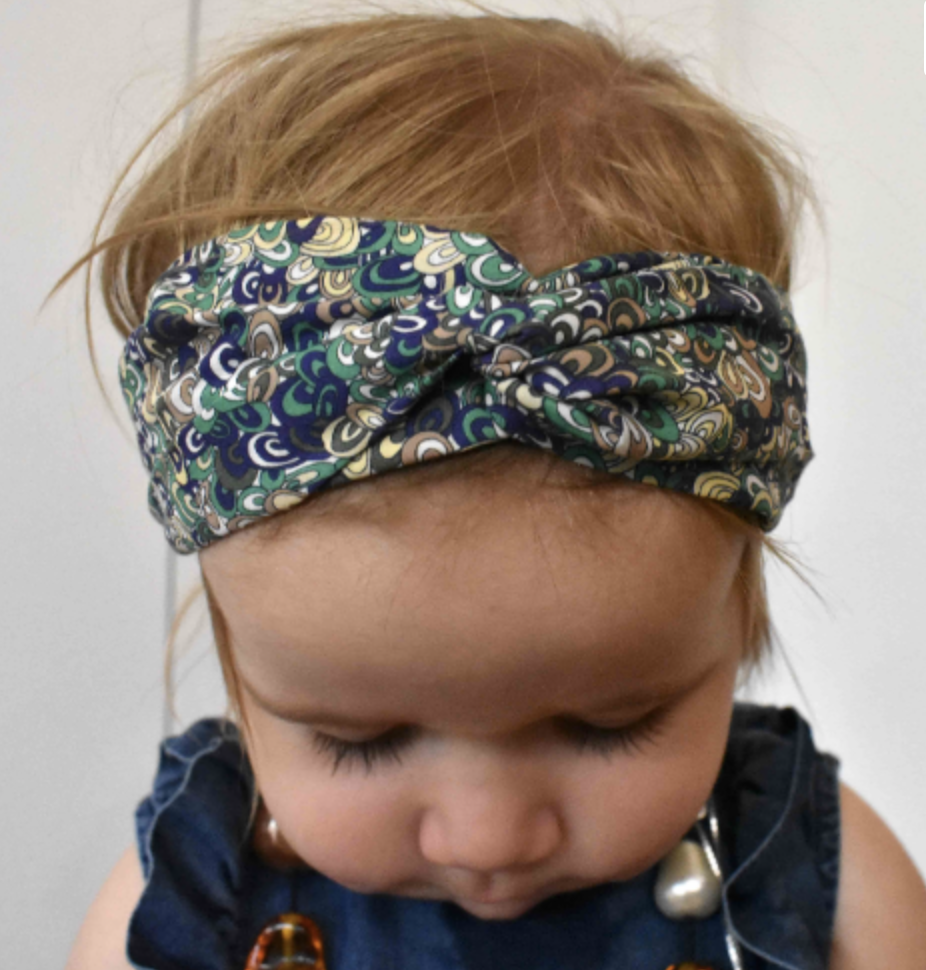 Kids 6-18 mths Twisted hairband - Green Rainbow Wave Liberty of London print