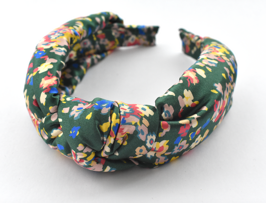 Luxury Silk Knot Alice band - in iconic Liberty Silk Satin Green Paisley Flowers