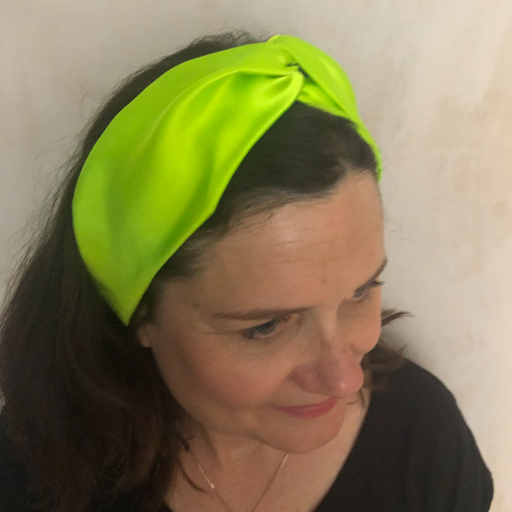 Silk Twisted Turban hairband and neck scarf in Neon Green Mulberry Silk - 100% pure silk satin