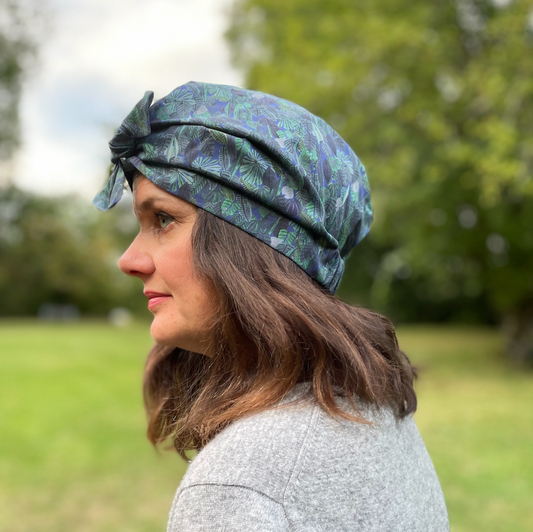 Ladies Turban Hat - Liberty of London Chaparrel - Navy and Green Fern Print