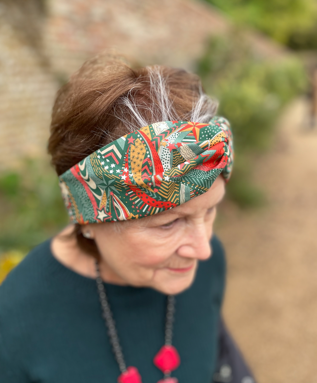 Ladies Twisted Turban hairband and neck scarf in My Little Star Liberty of London Christmas print