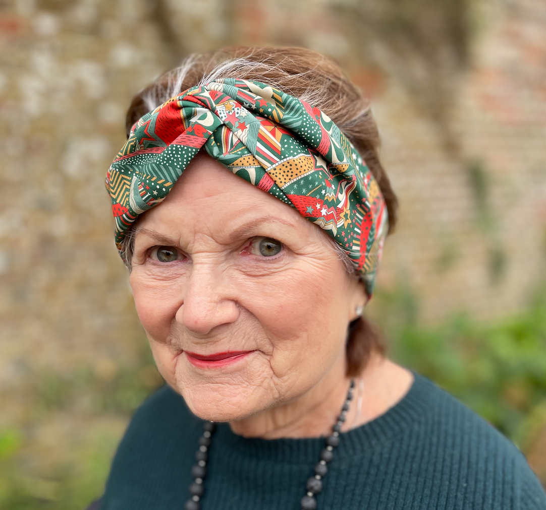 Ladies Twisted Turban hairband and neck scarf in My Little Star Liberty of London Christmas print