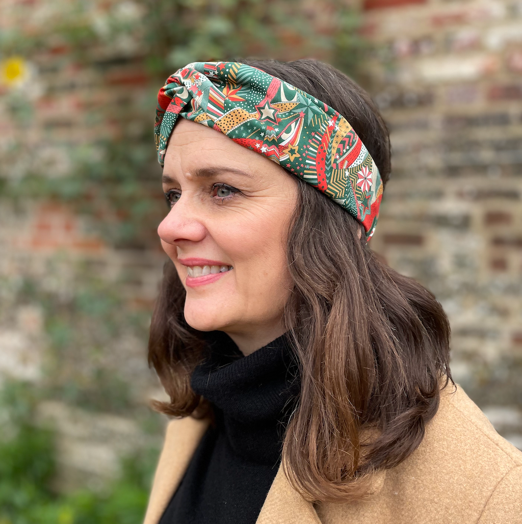 Ladies Twisted Turban hairband and neck scarf in My Little Star Liberty of London Christmas print