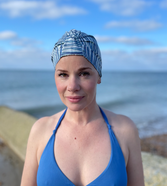 Salty Sea Knot - Swimming Cap Topper - Swim Turban - Blue Martin Stripe