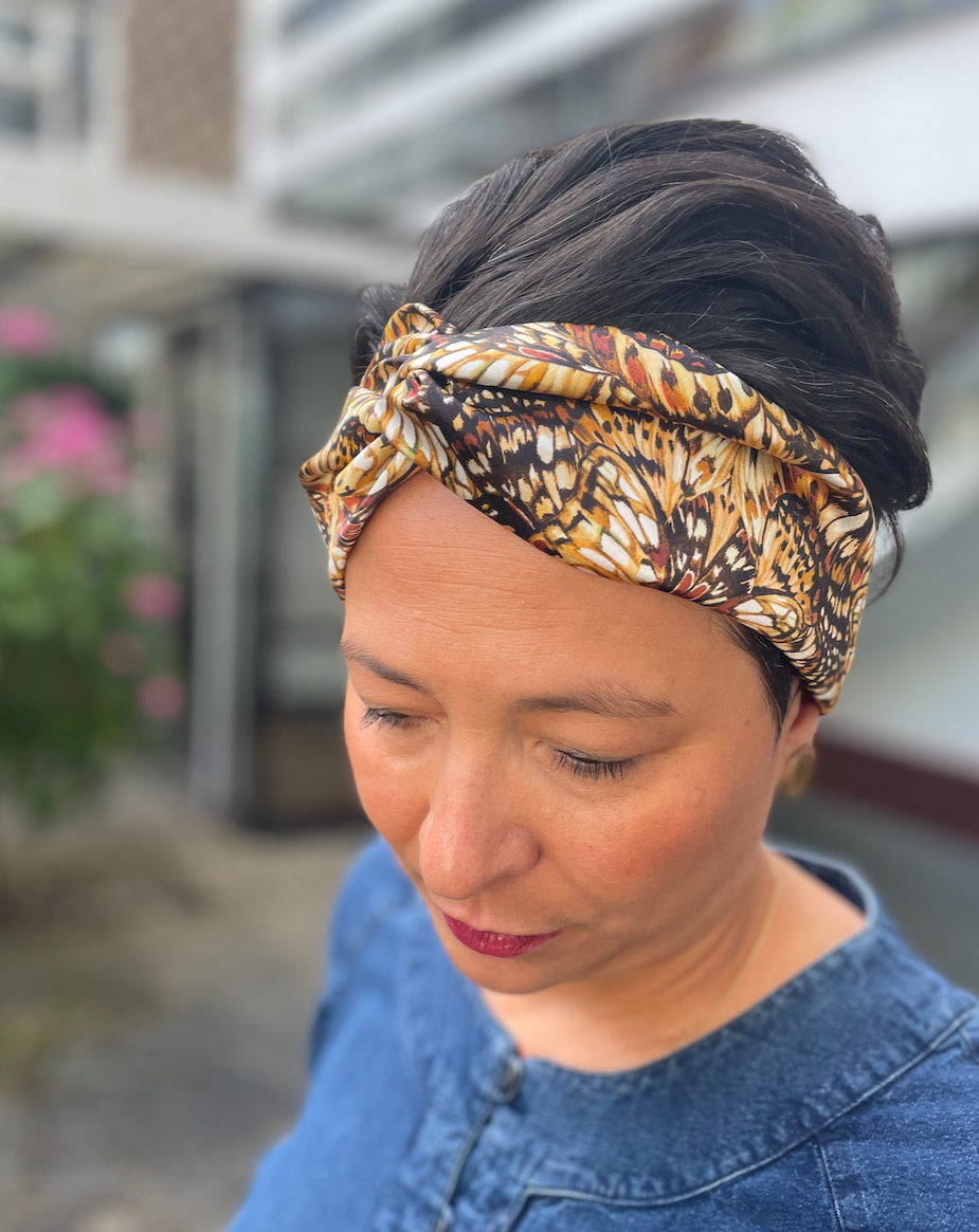 Silk Twisted Turban hairband and neck scarf in Liberty of London Kaleidoscope in Brown Silk Satin - 100% silk