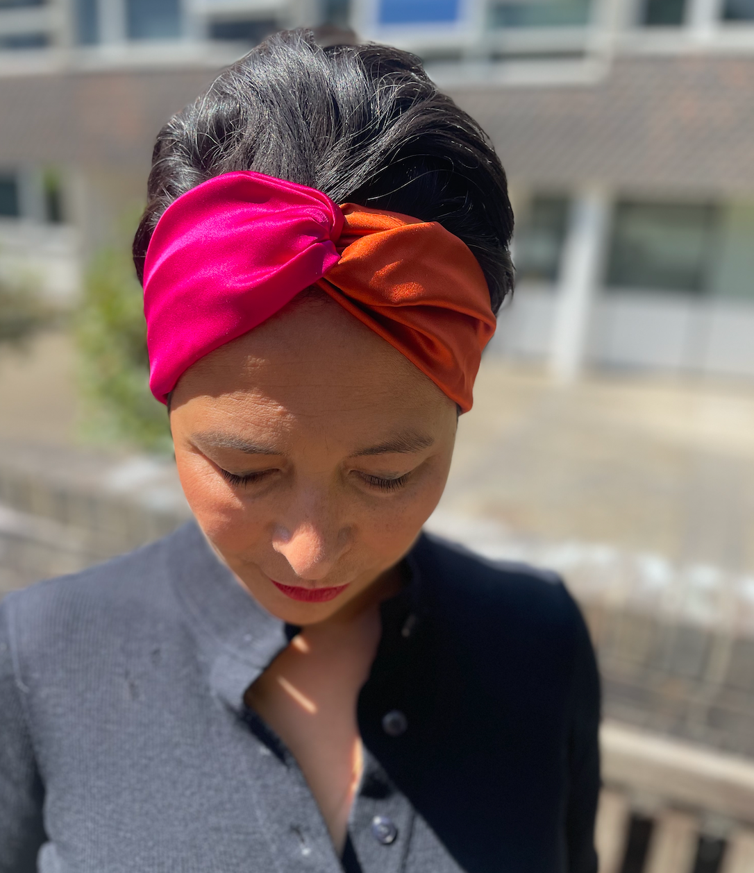 Pure Silk Burnt Orange and Fuchsia Pink Split Twisted Turban hairband and neck scarf in Mulberry Silk 100 Pure Silk Satin