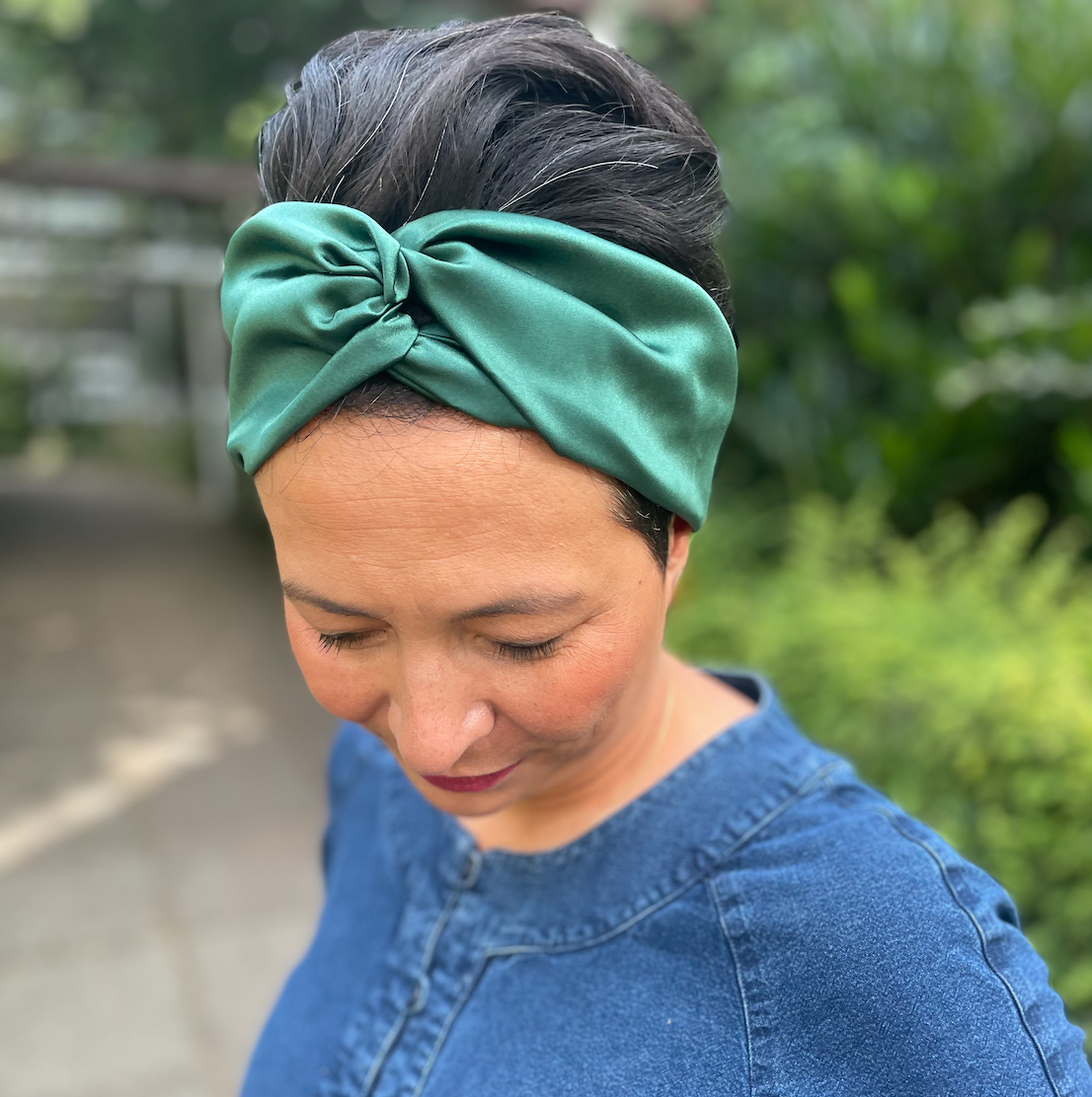 Silk Twisted Turban hairband and neck scarf in Racing Green Mulberry Silk - 100% pure silk satin